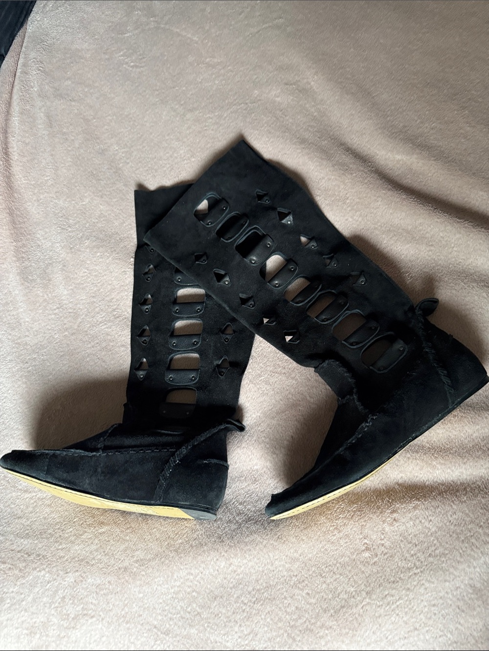 Rachel Roy Black Cutout Suede Knee-High Flat Boots - Size 8.5